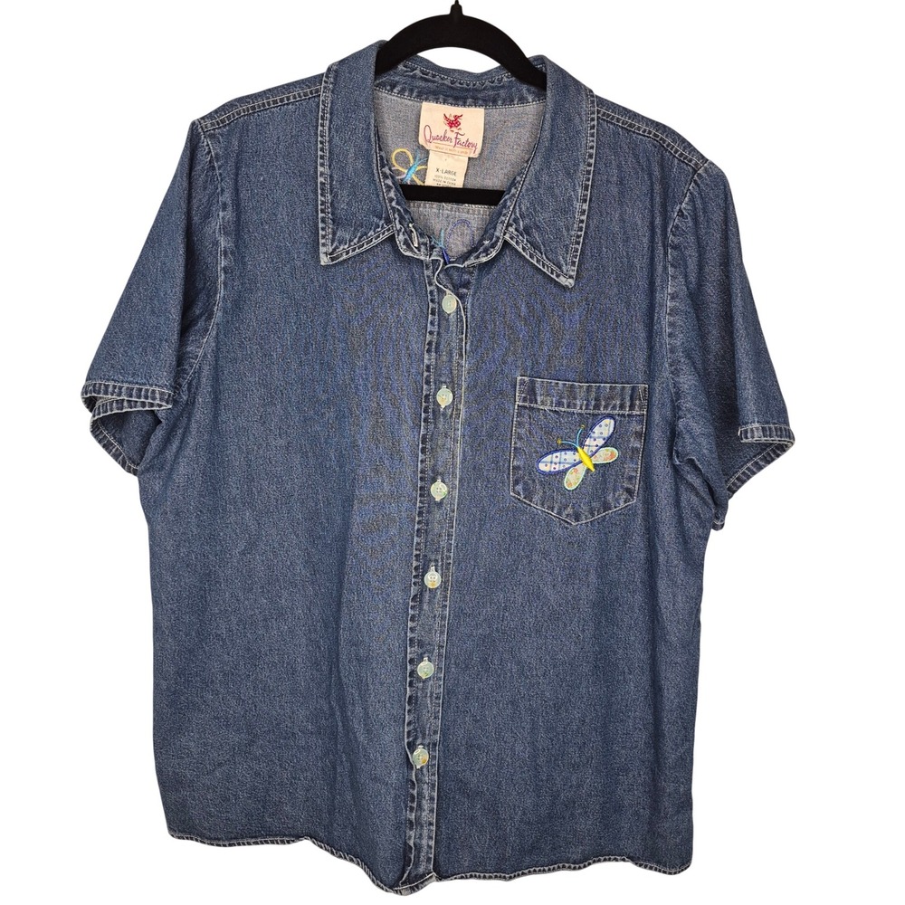 Quacker Factory Vintage 90s Short Sleeve Denim Embroidered Button Down Butterfly